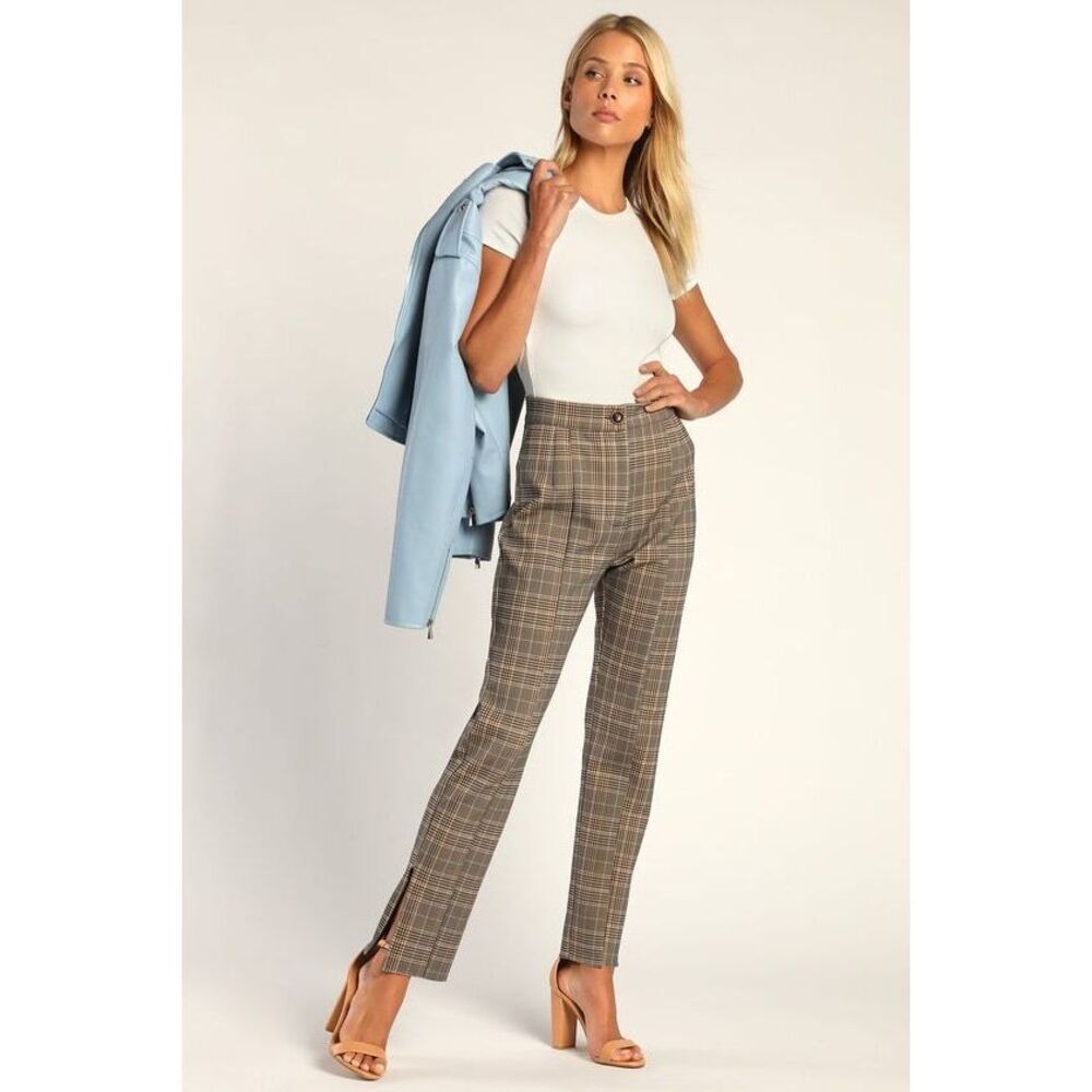 Lulus Plaid It So Good Beige And Blue Plaid Straight Leg Trouser Pants - Size L